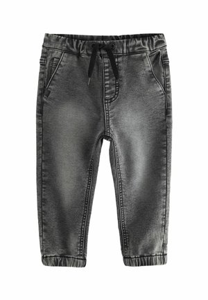 Pantalon de jogging gris foncé pour tout-petit avec taille élastique, cordon de serrage noir, poches latérales et poignets élastiques aux chevilles.