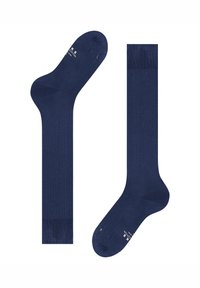 Calze in cotone blu navy con una consistenza liscia, dotate di un tallone e una punta rinforzati. Presentano un marchio sul bordo e sulla suola.