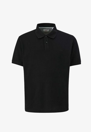 Polo shirt noir en coton, avec un col classique, deux boutons au cou et des manches courtes. Design simple, uni, sans motifs.