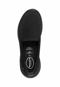 Chaussure noire à enfiler avec une tige en maille texturée, semelle en caoutchouc et design à coupe large. Comprend une semelle intérieure respirante pour le confort.