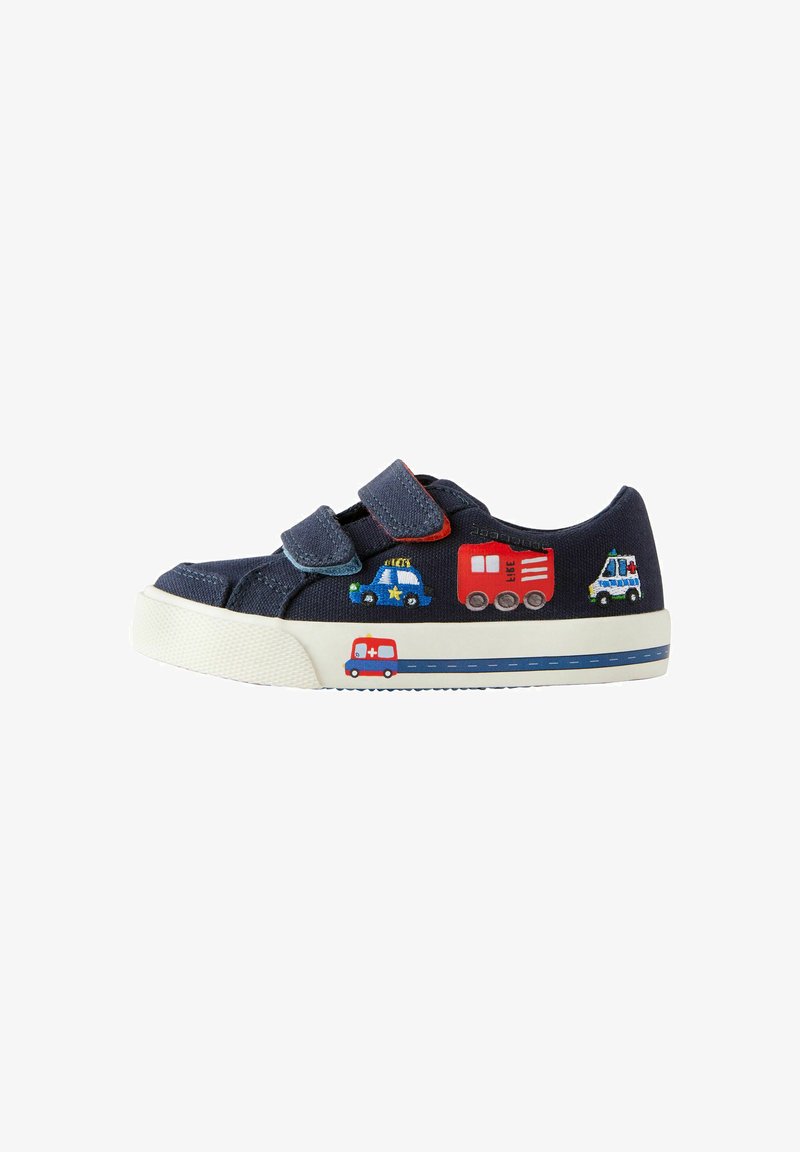 Tume sinine kanvas jalanõud kahe Velcro rihmaga, valge kummitald ja mängulised sõidukite motiivid punases ja sinises külgedel.