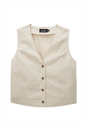 Veste sans manches beige avec de fines rayures verticales, col en V, et quatre boutons marron sur le devant, taille petite, marque Monoprix.
