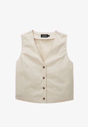 Veste sans manches beige avec de fines rayures verticales, col en V, et quatre boutons marron sur le devant, taille petite, marque Monoprix.