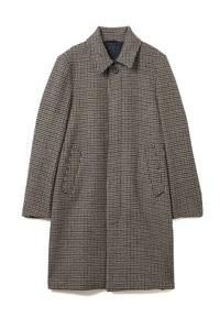 Overjas met pied-de-poule patroon in bruin en beige, met een kraag, twee zijzakken en een midilange lengte. Stoffen afwerking met textuur.