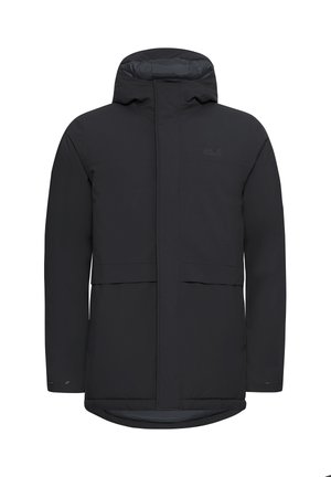 Veste noire imperméable avec capuche, dotée d'une fermeture éclair à l'avant, texture lisse et doublure intérieure contrastante. Manchons et ourlet ajustables.