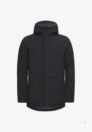 Giacca impermeabile nera con cappuccio, caratterizzata da una chiusura frontale con zip, una texture liscia e una fodera interna a contrasto. Polsini e orlo regolabili.