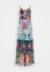 Robe longue sans manches à fines bretelles, avec des motifs patchwork floraux et géométriques multicolores sur tissu superposé.