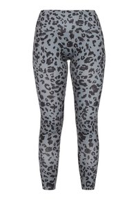 Szürke leggings fekete leopárdmintázattal, rugalmas, sima anyagból készült. Magas derék és testhezálló kialakítás.