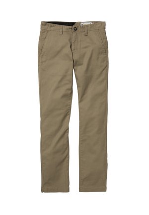 Kaki bukser lavet af en bomuldsblanding, med et lige-ben design, forlommer og en sort taljebånd med knapdetalje.