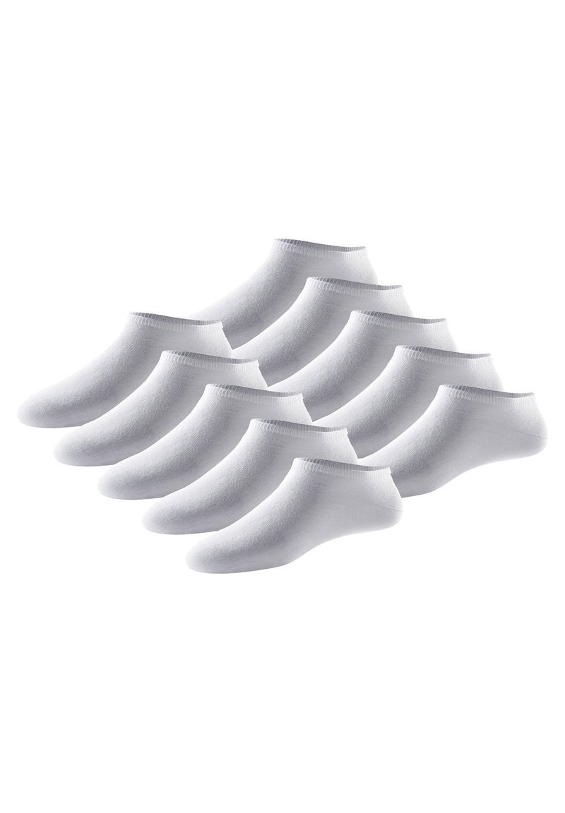 Ti par lave hvide ankelstrømper lavet af et glat, elastisk materiale med en ribbet kant for pasform og komfort.