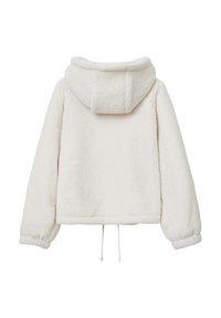 Giacca di felpa crema con cappuccio, spalle scese e vestibilità cropped. Presenta un orlo regolabile con cordino e un tessuto testurizzato per il calore.