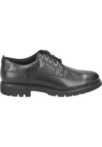 Chaussure en cuir noir avec une finition lisse, à bout rond et un design à lacets bas. Semelle en caoutchouc avec un motif texturé pour une meilleure adhérence.
