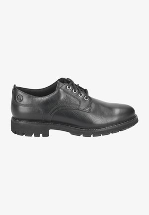 Chaussure en cuir noir avec une finition lisse, à bout rond et un design à lacets bas. Semelle en caoutchouc avec un motif texturé pour une meilleure adhérence.