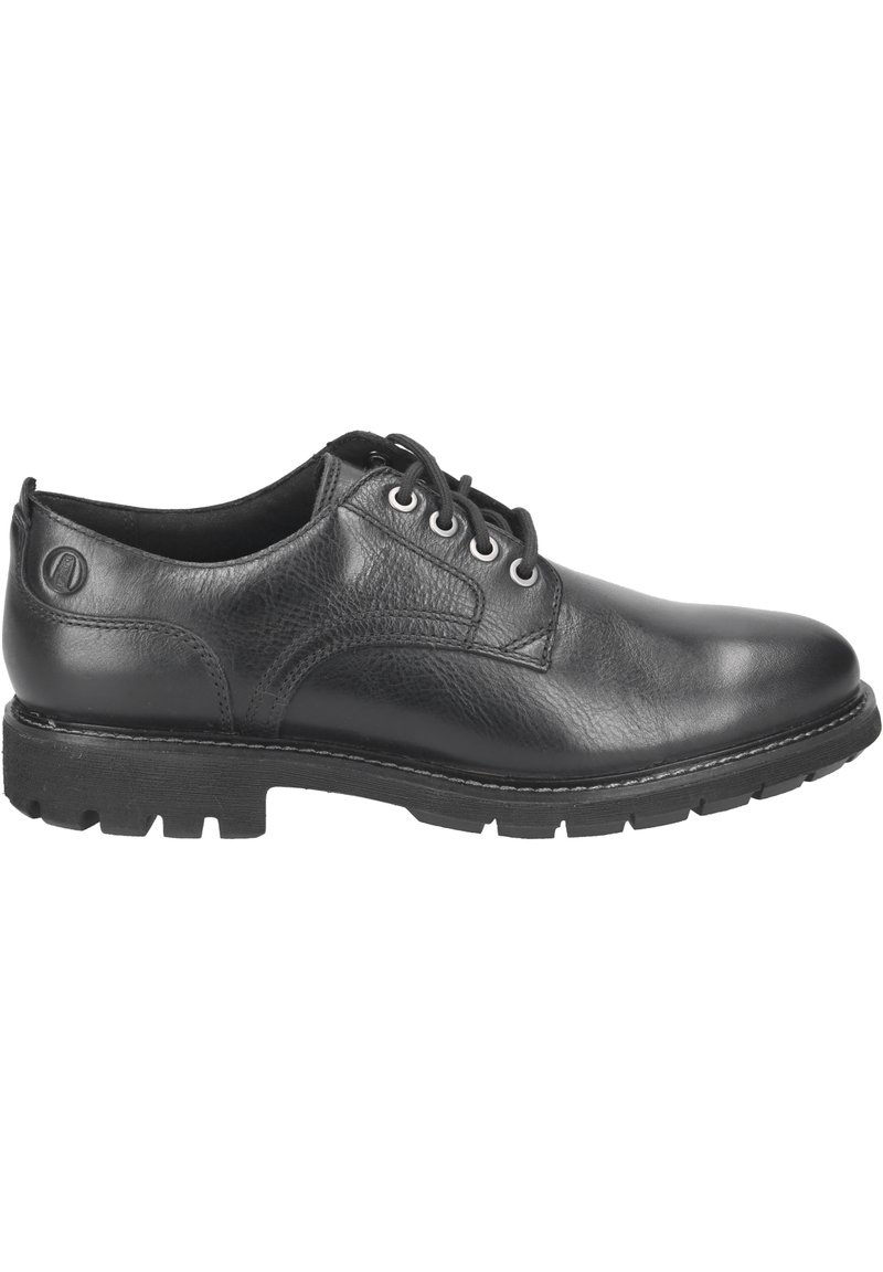 Chaussure en cuir noir avec une finition lisse, à bout rond et un design à lacets bas. Semelle en caoutchouc avec un motif texturé pour une meilleure adhérence.