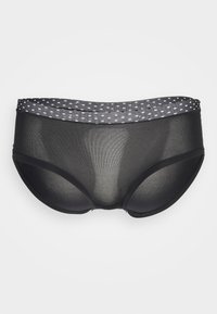 Black underwear with a sheer fabric body, featuring a patterned elastic waistband in gray with white dots. Brief-style cut with stitching details.
