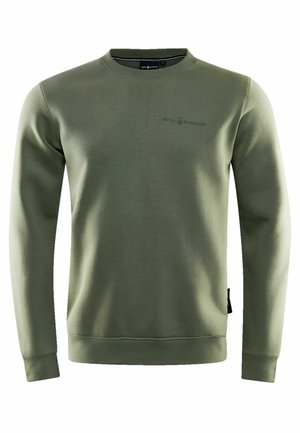 Olivengrøn sweatshirt lavet af blødt stof, med rund hals, lange ærmer, ribbede manchetter og et subtilt logo præget på forsiden.