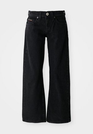 Mustad kõrge vöökohaga mustad teksad laia jalaosalisega, ees nööp, vööaasad, ees ja taga taskud ning väike logo ees paremas taskus.