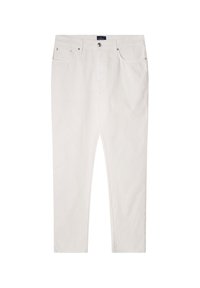 Pantalones de algodón blanco con un diseño de pierna recta, estilo de cinco bolsillos y cierre frontal con botón. Textura suave y detalles minimalistas.