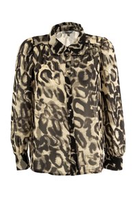 Blusa con estampado de leopardo en beige y negro, con cierre de botones en la parte delantera, cuello clásico, mangas largas abullonadas y tela suave y ligera.