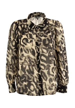 Blusa con estampado de leopardo en beige y negro, con cierre de botones en la parte delantera, cuello clásico, mangas largas abullonadas y tela suave y ligera.