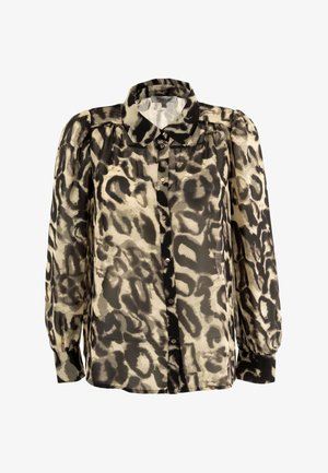 Leopardmønstret bluse i beige og sort med knaplukning foran, klassisk krave, lange puffede ærmer og blødt, let stof.
