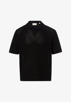 Black short-sleeve polo shirt with a mesh grid pattern and solid collar, cuffs, and hem, displayed on a white background.