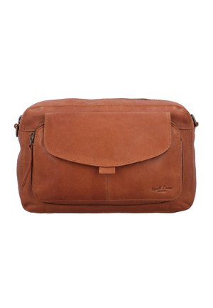 Brown leather pouch bag with front zipper pocket and flap closure, featuring subtle branding on bottom right corner.