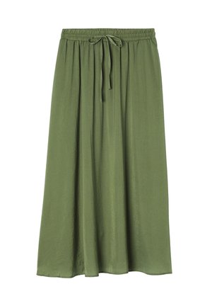 Jupe mi-longue vert olive avec taille élastique et lien frontal, fabriquée en tissu léger.