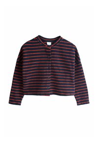 Marineblauwe cropped cardigan met verticale rode strepen, knoopsluiting aan de voorkant en een ronde halslijn. Lange mouwen en een zachte stoftextuur.