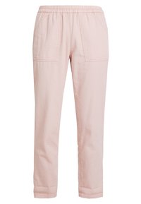 Světle růžové bavlněné kalhoty s elastickým pasem, dvěma předními kapsami a zúženým střihem nohavic. Jednoduché stehové detaily po celé části.