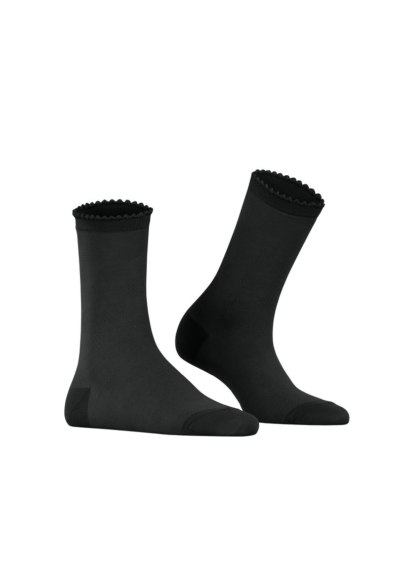Sorte ankelstrømper med en bølget topkant, glat tekstur og forstærket hæl og tå for holdbarhed. Klassisk ensfarvet design.