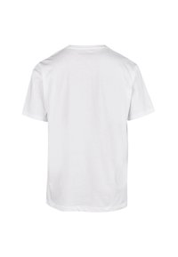 White cotton t-shirt with short sleeves, crew neck design, and a smooth texture, featuring no visible logos or patterns on the back.