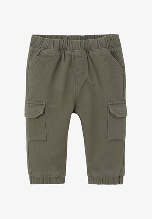 Olivgrüne Cargo-Hose mit elastischem Bund, zwei Seitentaschen und zwei Cargotaschen. Der Stoff wirkt strapazierfähig und hat eine glatte Textur.