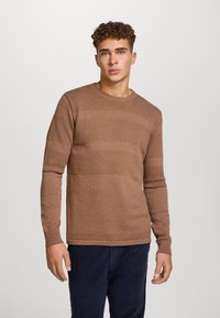 Maglione marrone lavorato a maglia con motivo a righe testurizzato. Presenta una scollatura rotonda e maniche lunghe, realizzato in materiale morbido.