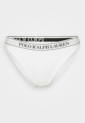 White cotton bikini underwear with a black and white elastic waistband featuring "POLO RALPH LAUREN" printed in bold letters.