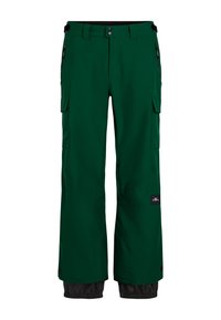 Green waterproof snow pants with a cargo pocket, elastic cuffs, and contrasting black lower hem. Features zippers and durable fabric.