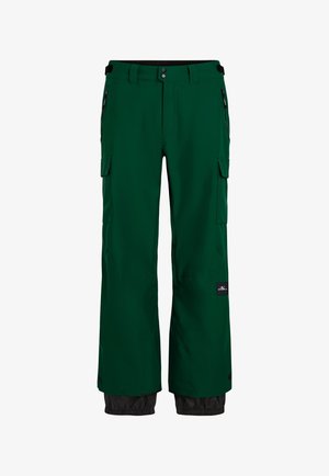 Grüne wasserdichte Schneehosen mit einer Cargo-Tasche, elastischen Bündchen und einem kontrastierenden schwarzen unteren Saum. Ausgestattet mit Reißverschlüssen und strapazierfähigem Material.