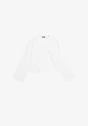 White long-sleeve cropped t-shirt made from cotton, featuring a round neck and a single chest pocket. Smooth texture with a minimalist design.
