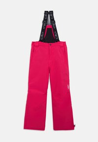 Pantalones de esquí rosas con tirantes negros ajustables, bolsillos laterales, diseño de pierna recta y un logo de CMP en la parte inferior de la pierna.