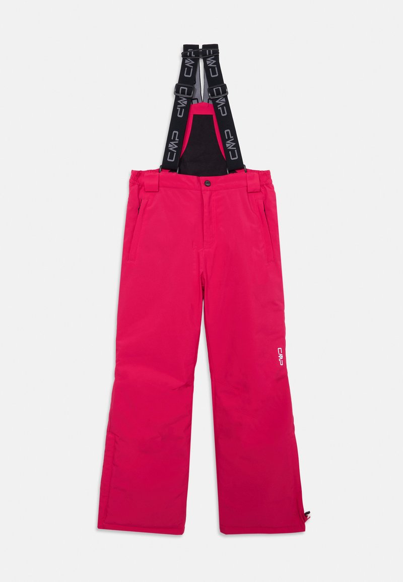 Pantalones de esquí rosas con tirantes negros ajustables, bolsillos laterales, diseño de pierna recta y un logo de CMP en la parte inferior de la pierna.