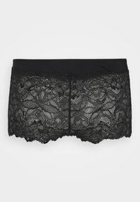 Braguitas de encaje negro con un patrón floral, textura suave y dobladillo festoneado. La cinturilla es de color negro sólido y elástica.