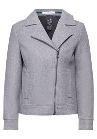 Veste en polaire grise avec col, fermeture éclair diagonale, deux poches avant et poignets côtelés. Présente une texture lisse et un design minimaliste.