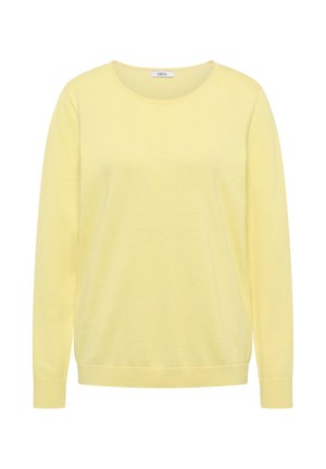 Hellgelber Pullover mit langen Ärmeln und Rundhalsausschnitt, mit gerippten Bündchen an Ärmeln und Saum, innen am Kragen mit der Aufschrift "CECIL".