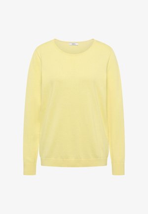 Hellgelber Pullover mit langen Ärmeln und Rundhalsausschnitt, mit gerippten Bündchen an Ärmeln und Saum, innen am Kragen mit der Aufschrift "CECIL".