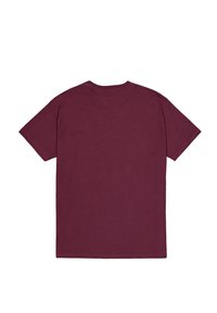Burgunderfarvet bomulds T-shirt med korte ærmer, rund halsudskæring og ensfarvet ryg. Ingen synlige mønstre eller hardware detaljer.