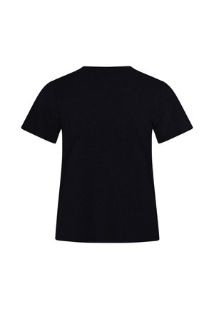 Sort, ensfarvet T-shirt med korte ærmer vist fra ryggen, med rund halsudskæring og uden synlige logoer, mønstre eller dekorationer.