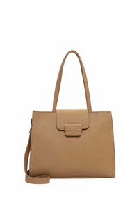 Sac à main en cuir tan avec une finition texturée ; dispose de poignées courtes, d'une fermeture à rabat et d'une bandoulière amovible. Accents de coutures blanches.