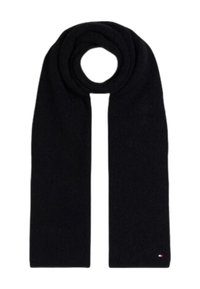 Scialle di lana nera con una texture morbida, di forma lunga e con un sottile accento del logo a un'estremità.