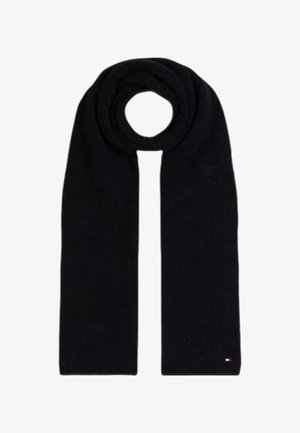 Scialle di lana nera con una texture morbida, di forma lunga e con un sottile accento del logo a un'estremità.