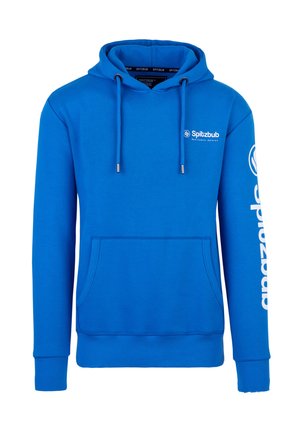 Heldere blauwe hoodie met een voorzak, trekkoorden, het "Spitzbub"-logo op de borst en grote "Spitzbub"-tekst die langs de rechter mouw loopt.